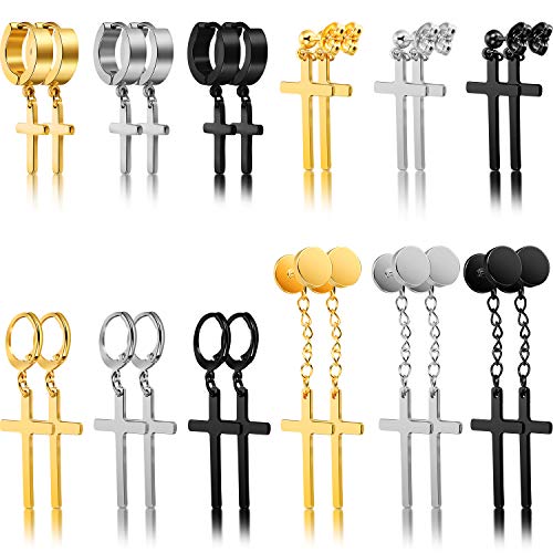 Product Cover 12 Pairs Cross Earrings Stainless Steel Cross Hoop Earrings Dangle Hinged Earrings for Men Women Ear Jewelry