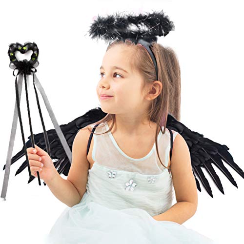 Product Cover Koogle Children's Black Angel Wings Kids,Halloween Wings Feather Angel Wings Halo Fairy Stick for Halloween Party Costumes Angel Wings for Cosplay, Party Costumes