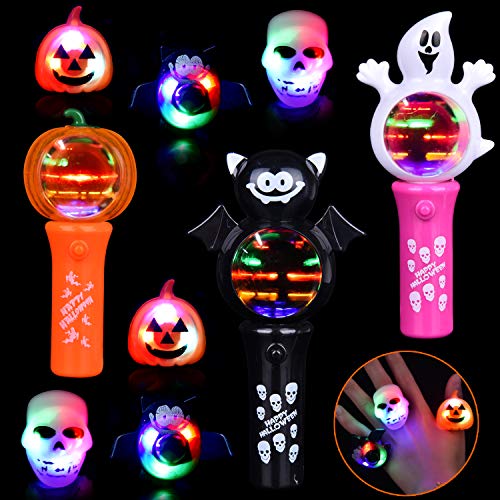 Product Cover 9PCs Halloween Party Favors Set, Glowing Toys Including LED Lighted Spinning Wands and LED Flashing Finger Rings for Glow in The Dark Party Supplies, Halloween Gifts