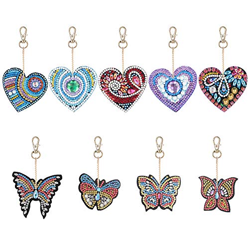 Product Cover QiaoShiRen 9 Pieces DIY Diamond Painting Keychain, Butterfly and Love Heart Diamond Painting Kits 5D Full Drill Diamond Painting Key Rings for Phone, Bag, Home Decor