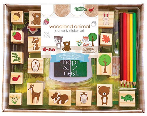 Product Cover Hapinest Woodland Animal Wooden Stamp and Sticker Set for Kids Boys and Girls 68 Pieces Arts and Crafts Gifts Age 4 5 6 7 8 9 10 Years Old
