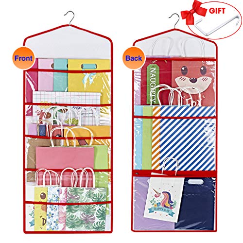 Product Cover ProPik Hanging Double Sided Gift Bag Storage Organizer with Multiple Front and Back Pockets Organize Your Gift Wrap and Paper Bags 38 x 16 Inch Black White and Clear PVC (Red)
