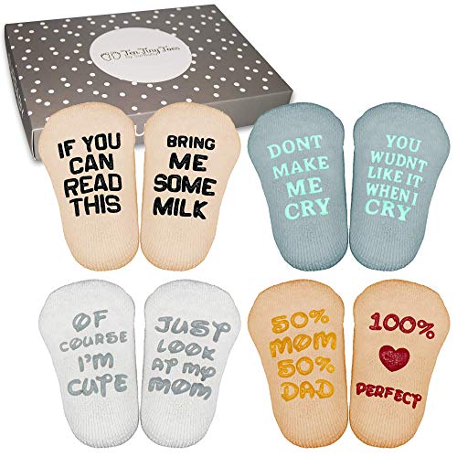Product Cover SurBaby Baby Socks with Funny Quotes (4 unique pairs) Novelty Girls/Boys Infant Socks Baby Shower Gift Set - 90% Cotton, Anti slip, Cutest Gift Box - Newborn Baby Gifts for Gender Reveal, New Parents