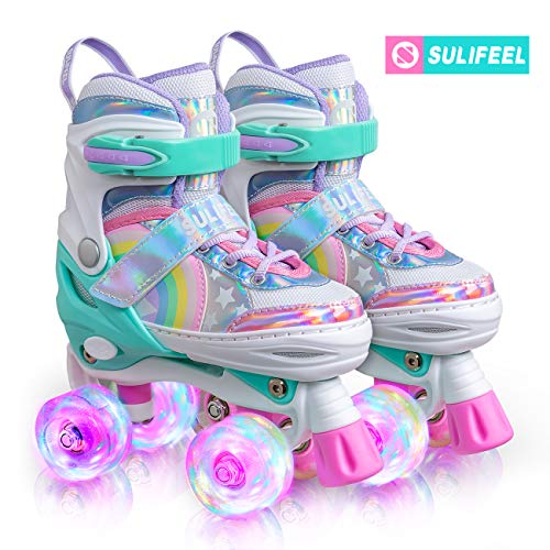 Product Cover SULIFEEL Rainbow Unicorn 4 Size Adjustable Light up Roller Skates for Girls Boys for Kids
