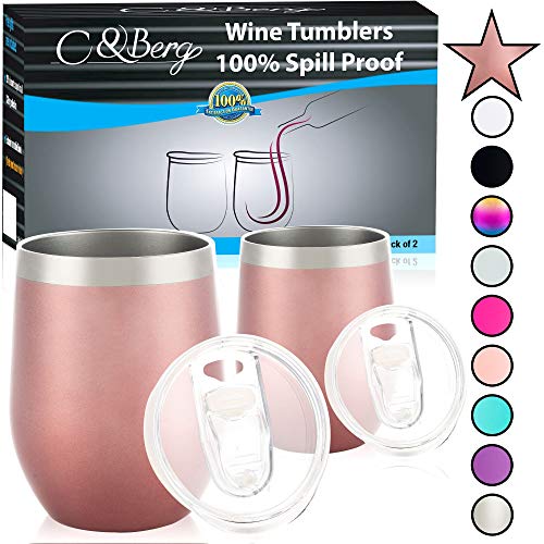 Product Cover 12 oz 2 Rose Gold Stainless Steel Wine Tumbler - Double Wall Vacuum Insulated Unbreakable Thermos w/Spill-proof Lid - For Wine Beer Coffee Cocktail - Travel-Friendly Mug - Birthday Gift Yeti Cup