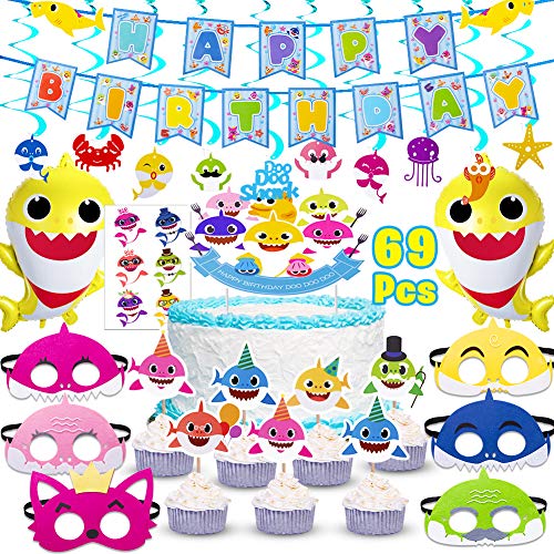 Product Cover Shark Party Supplies for Baby,69 pcs birthday decorations Includes 1 Big Cake topper, 25 Cupcake toppers, 2 Shark Baby Balloons,1 Happy Birthday Banner,6 shark masks,10 Swirl Decorations and 24 shark stickers,Shark Theme Birthday Party Su