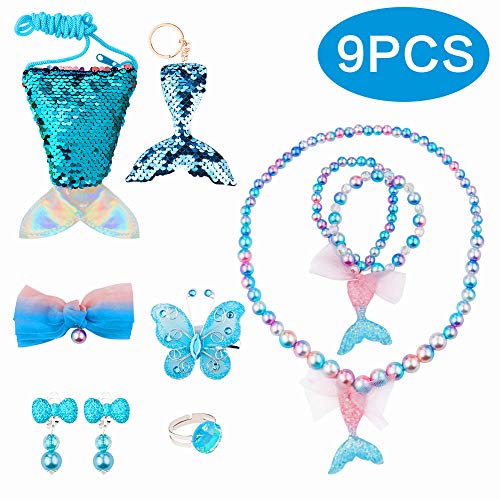 Product Cover BAOQISHAN 9PCS Mermaid Fishtail Deluxe Girls Party Princess for Necklace and Bracelet Set for Girls Little Kids Include Coin Purse Keychain Necklace Bracelet Hair Clip Earrings Ring Set (Blue)