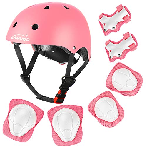 Product Cover KAMUGO Kids Adjustable Helmet, with Sports Protective Gear Set Knee Elbow Wrist Pads for Toddler Age 3-8 Boys Girls, Bike Skateboard Hoverboard Scooter Rollerblading Helmet Set（Pink）