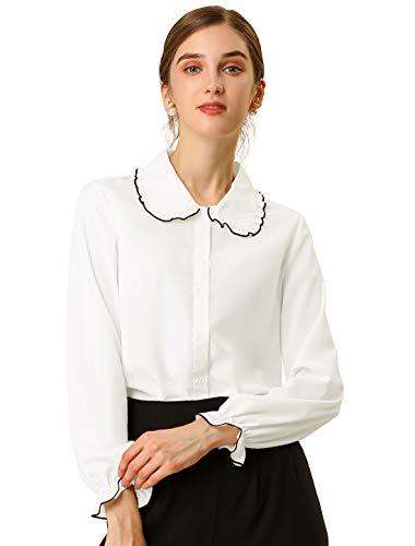 Product Cover Allegra K Women's Sweet Ruffle Peter Pan Collar Long Sleeves Button Up Shirt S White