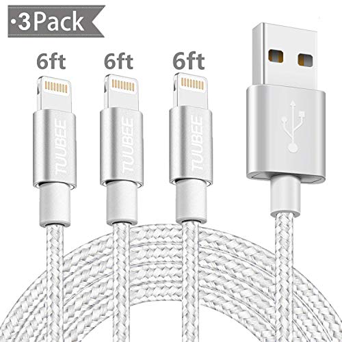 Product Cover iPhone Charger Cable TUUBEE MFi Certified iPhone Lightning Cable 3Pack 6FT Long Nylon Braided USB iPhone Data Cable Wire Fast Charging Cord Compatible iPhone XS/MAX/XR/X/8/7/6/iPad/iPod (Silver&White)