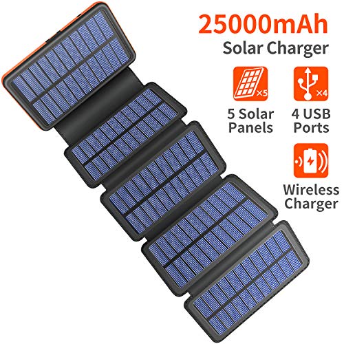 Product Cover Solar Charger 25000mAh, 5 Solar Panel QI Wireless Outdoor Portable Power Bank - Waterproof Fast Charge External Battery Pack with Dual 2.1A Output USB for Cell Phones Tablet GoPro Camera