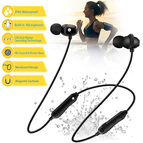 Product Cover Bluetooth Headphones 5.0 Wireless Earbuds IPX6 Waterproof Magnetic with Stereo Bass, 12 Hours Play Time,Noise Cancelling Sweatproof Sport In-Ear Earphones for Runnning Workout Gym
