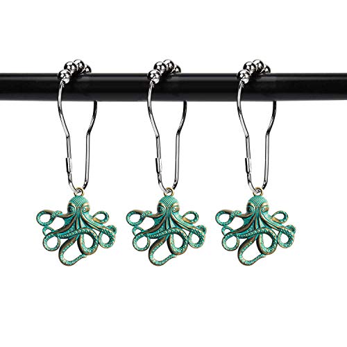 Product Cover ZILucky Set of 12 Octopus Shower Curtain Hooks Decorative Home Bathroom Squid Sea Creature Beast Stainless Steel Rustproof Brushed Nickel Rings with Octopus Decorative Accessories (Patina)