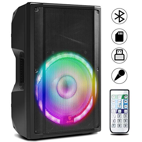 Product Cover AKUSTIK 15-Inch 2-Way 1200W Powered PA Speaker, LED Light Effects, Portable DJ Loudspeaker with Carry Handles, Remote Control for Easily Operate, Speaker Out, Built-in Bluetooth, USB, SD, FM, RCA, AUX