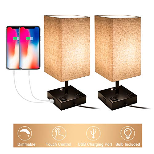 Product Cover Touch Control Dimmable Table Lamp with 2 USB Charging Ports and 2 AC Outlets, Set of 2, Bedside Nightstand Lamp with Flaxen Fabric Shade Ideal for Bedroom Living Room Office, E26 LED Bulb Included