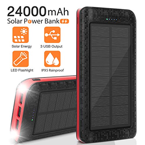 Product Cover Solar Charger 24000mAh Portable Solar Power Bank External Backup Battery, 3 Outputs-5V/2.1A Huge Capacity Phone Charger, IPX5 Rainproof Bright LED Flashlights for Camping, Travel, Emergency