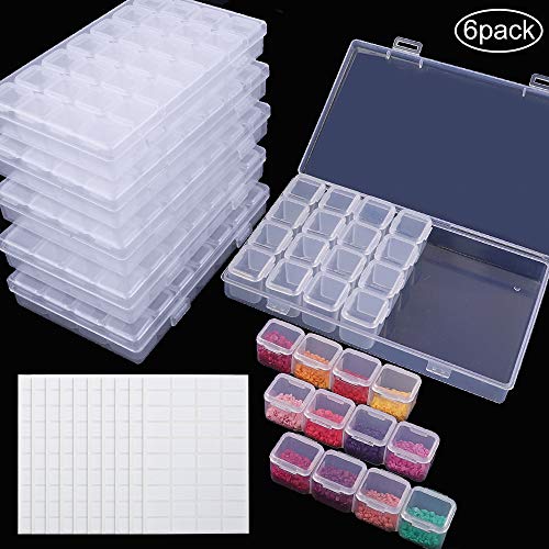 Product Cover SGHUO 6 Pack 28 Grids Diamond Painting Boxes Plastic 5D Diamond Embroidery Storage Box with 400pcs Label Stickers for Sewing, Nail Diamonds, Diamond Painting Accessories