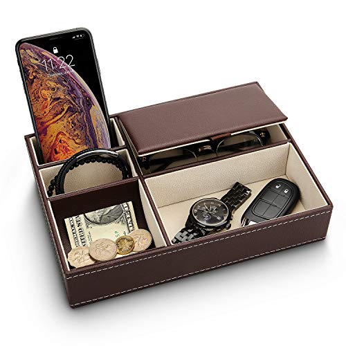 Product Cover Baoyun Mens Valet Tray Organizer - Leather Nightstand Dresser Top Box with 5 Compartment for Accessories, Wallet, Phone, Keys (Brown)