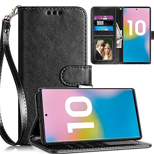 Product Cover Youcover Samsung Galaxy Note 10 case Wallet,Kickstand Wrist Strap Anti-Scratch Shockproof Card Holder PU Leather Protective Phone Case-Black