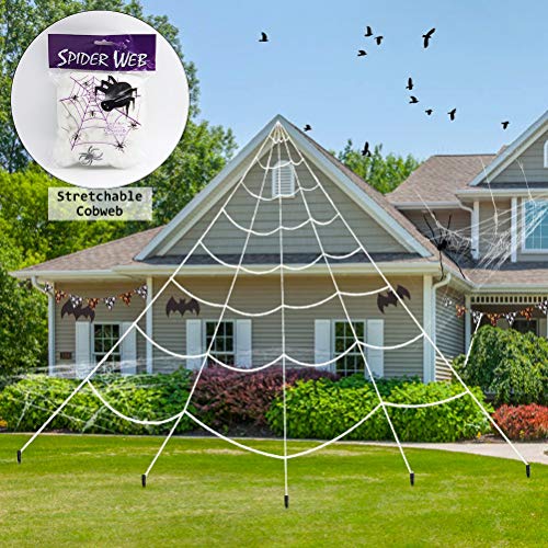 Product Cover ATDAWN Halloween Giant Spider Web, Super Stretch Cobweb Set, Spider Webbing, Halloween Decorations Outdoor Yard Decor, White, 23 Feet