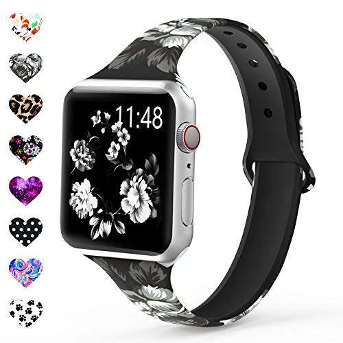 Product Cover Merlion Compatible with Apple Watch Band 38mm 42mm 40mm 44mm for Women/Men,Soft Silicone Thin Narrow Fadeless Pattern Printed Replacement Floral Slim Bands for iWatch Series 4/3/2/1