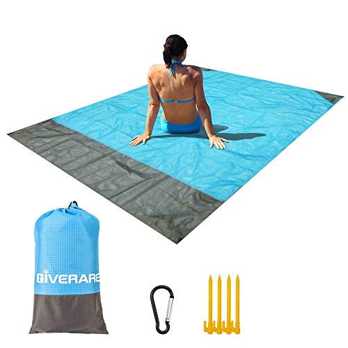 Product Cover GIVERARE Sandfree Beach Blanket, Waterproof Picnic Blanket, Quick Drying Indoor&Outdoor Family Mat with 4 Stakes&4 Corner Pockets for Travel, Camping, Hiking, Music Festival