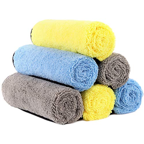 Product Cover 16'' x 16'' Large & Thick Microfiber Cleaning Cloths Strong Absorption with Fine Workmanship, Non-Abrasive Microfiber Towels for Home, Cleaning Rags for Cars, Cloth with 6-Pack (Blue, Yellow, Gray)