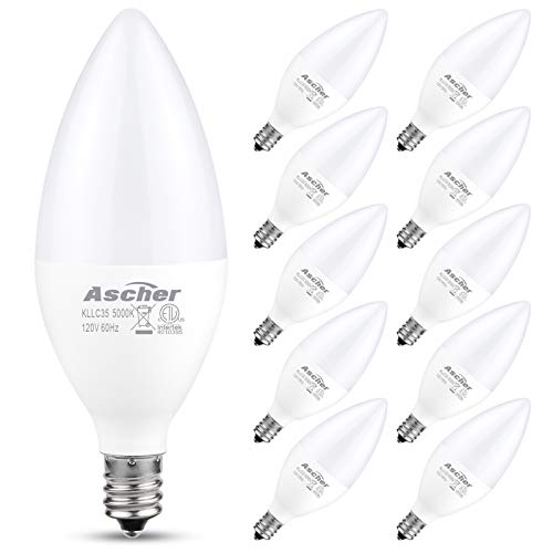 Product Cover Ascher E12 LED Candelabra Light Bulbs, Equivalent 60W, 550 Lumens, Daylight White 5000K, Candelabra Base, Non-dimmable, Chandelier Bulb, Pack of 10