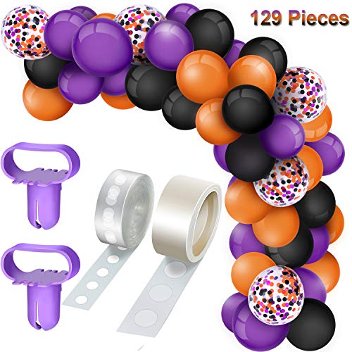 Product Cover 129 Pieces Christmas Balloons Arch Garland Kit, Include Red Green Latex Balloons Confetti Balloons, Balloon Tie Tools, Balloon Strip Tape, Adhesive Dots for Christmas Party (Black, Orange, Purple)