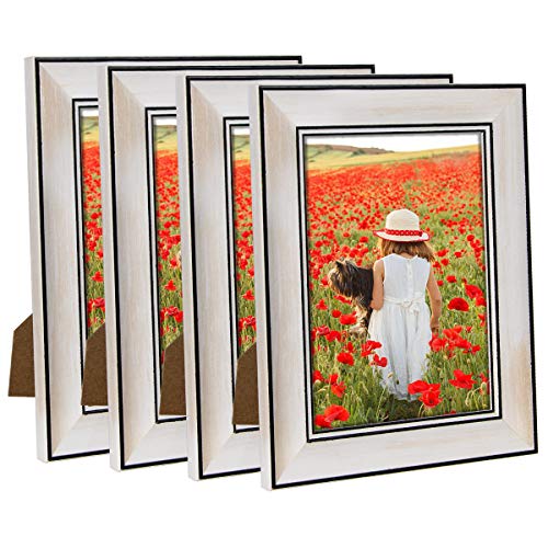 Product Cover Q.Hou 5x7 Picture Frame Rustic White Wash Wood Pattern Glass Photo Frames for Tabletop or Wall Display,4Pcs/Set (QH-WPC-5X7)