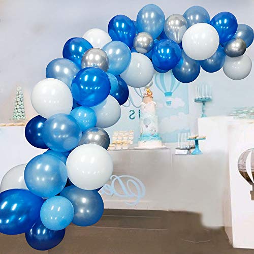 Product Cover Blue Balloons Garland Kit 117 Pcs Navy Sky Blue White and Silver Metallic Balloons for Parties with 16Ft Balloon Strip Glue Dots for Boy Baby Shower Party Decorations