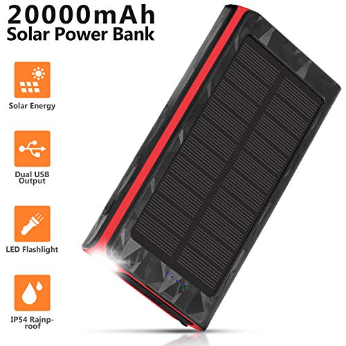 Product Cover Solar Charger 20000mAh, Portable Phone Charger External Battery Pack, Compatible with iPhone Samsung Tablets & More, Type-C and Micro USB Inputs, 3 Outputs, Flashlight, Lanyard, IP54 Rainproof
