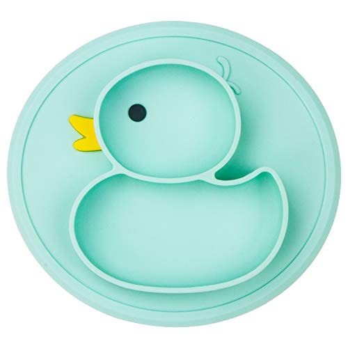 Product Cover Qshare Toddler Plates, One-Piece Baby Plate for Toddlers and Kids, BPA-Free FDA Approved Strong Suction Plates for Toddlers, Dishwasher and Microwave Safe Silicone Placemat (1-DuckCyan)