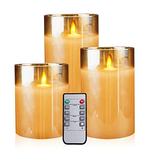 Product Cover Gold Glass Flameless Candles Real Paraffin Wax Include Flickering Realistic Dancing LED Flames with 10-Key Remote Control Timer,4/5/6Inch,Set of 3