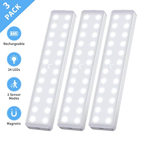 Product Cover LED Closet Light, 24-LED Rechargeable Motion Sensor Closet Light Wireless Under Cabinet Light Stick on Night Light Bar for Closet Hallway Cabinet Stairway Wardrobe Kitchen 2 Sensor Modes (3 Pack)