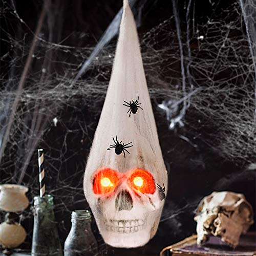 Product Cover Halloween Realistic Skeleton Skull with Glowing Eyes, Super Stretch Spider Web for Halloween Party Favors and Halloween Decorations Props, 13.78 Inches