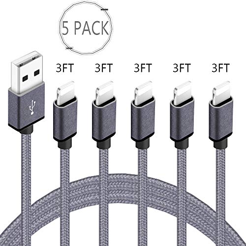 Product Cover Xkaudie iPhone Charger 5Pack 3Feet Extra Long Nylon Braided USB Charging Lightning Cable High Speed Connector Data Sync Transfer Cord Compatible with iPhone Xs Max/XR/XS/X/8/7/Plus/6S/6/Se/5S Ipad