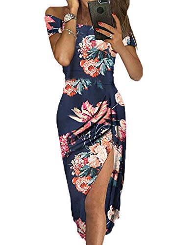 Product Cover kenoce Women's Off Shoulder Cocktail Dress Floral Print High Slit Formal Midi Evening Party Dresses