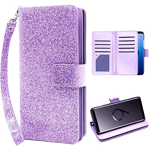 Product Cover Galaxy S9 Wallet case, Samsung S9 case, Glitter Women Wallet Case with 9 Card Holder Wrist Strap Standing-Function for Samsung Galaxy S9 (5.8