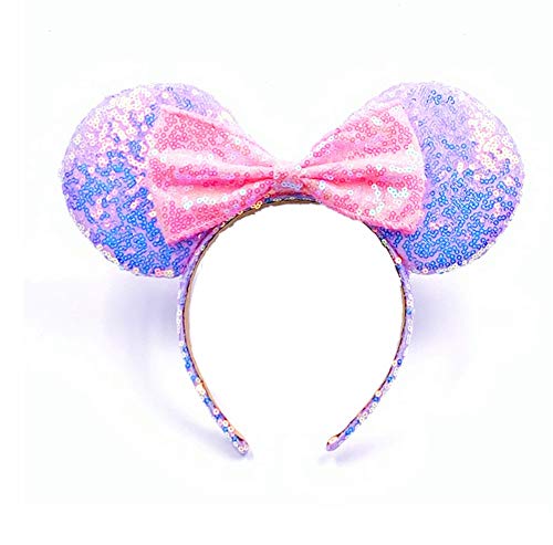 Product Cover Mouse Ears Bow Headbands Glitter Princess Party Decoration Belle Cinderella Jasmine Mermaid Mouse Ears Headband for Girls (Magic pink and purple)