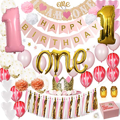 Product Cover Baby Girl 1st Birthday Decorations White, Pink and Gold party supplies set. First Birthday Decorations for Baby Girls with balloons, Happy Birthday Banners, First Birthday Baby Crown, ONE Cake topper, Confetti, Paper Tassels, Pom Poms