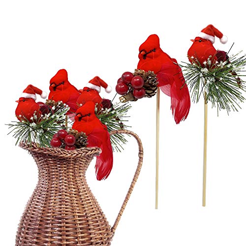 Product Cover Red Cardinals Birds on a Stick - Assorted Style Cardinal Floral Picks - Set of 6 Birds Attached to Wooden Stems - Red Bird Centerpieces - Christmas DIY - Ornament Holiday Décor