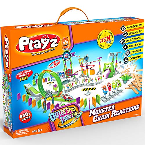 Product Cover Playz Monster Chain Reactions Marble Run Science Kit STEM Toy with Race Tracks for Boys & Girls, Kids Roller Coaster Toy Experiments, Outer Space Theme Park, Boy Toy, Girl Toy, Educational Gift