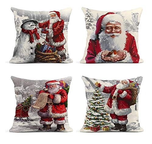 Product Cover ArtSocket Set of 4 Linen Throw Pillow Covers Wakeu Santa Claus Snowman Merry Christmas Decorative Pillow Cases Home Decor Square 18x18 inches Pillowcases