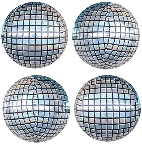 Product Cover 4Pcs 22inch Silver Laser Disco Ball Balloon Hangable 4D Large Round Inflatable Sphere Shaped Aluminum Foil Mirror Balloon Birthday Party Wedding Baby Shower Marriage Decor Supplies