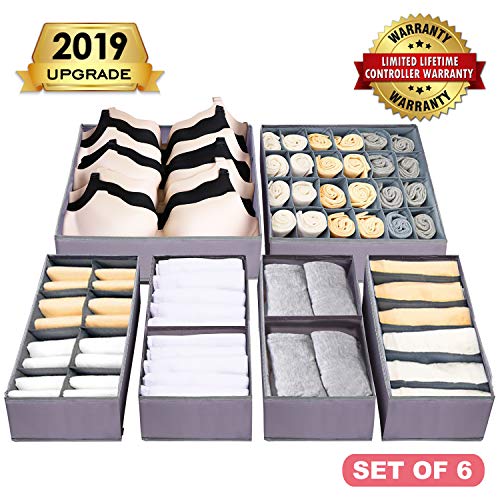 Product Cover Drawer Organizer Dresser Drawer Organizer Divider Washable Large Bra Sock Underwear Tie Cloth Organizer Foldable Closet Storage Box Drawer Polyester Fabric For Baby Cloth Panties Belts Set of 6,Gray