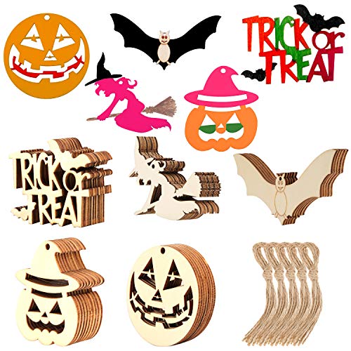Product Cover 50 Pieces Halloween Wooden Crafts Hanging Wood Ornament Halloween Wood Cutout Gift Tags with Twine Ropes for Halloween DIY Home Decor (Style Set 2)