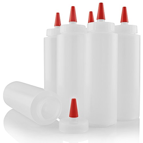 Product Cover Pinnacle Mercantile 12-Pack Easy Squeeze Plastic Condiment Squirt Bottles 8-ounce Red Tip Cap Empty Perfect Dispenser for Icing, Pancake Art, Cookie Decorating, Sauces BPA FREE