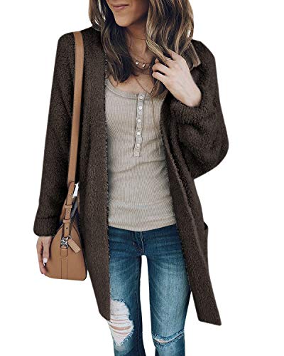 Product Cover Auxo Women's Fuzzy Fleece Open Front Long Cardigan Sherpa Jacket Coat Outerwear with Pockets