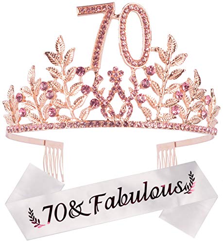 Product Cover 70th Birthday Party Decorations Supplies, 70th Birthday Tiara and Sash, 70th Pink Rhinestone Birthday Crown, Pink 70th Birthday Tiara and Sash, 70 & Fabulous Pink Satin Sash, 70th Birthday Gifts Woman